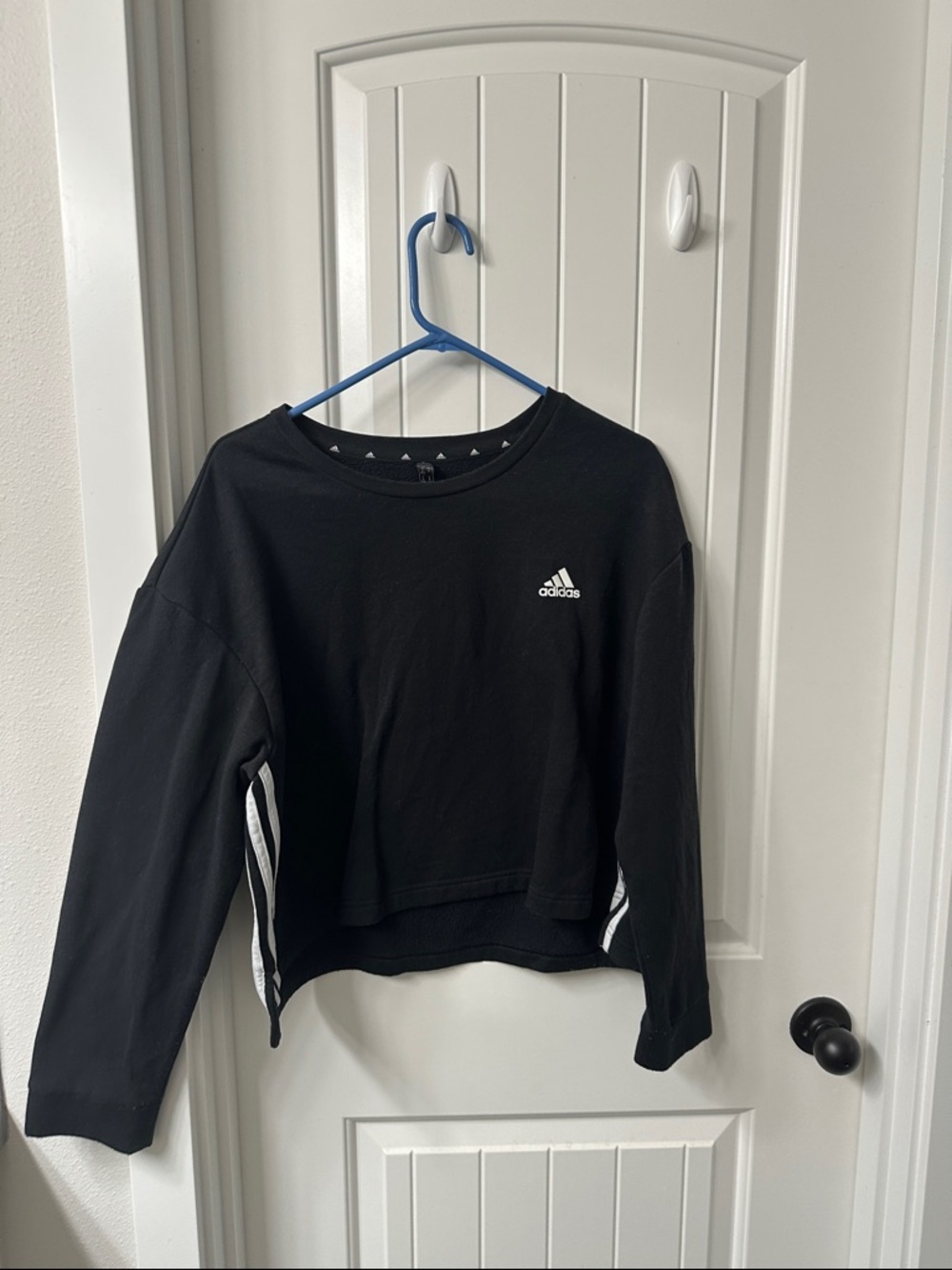 adidas Black Cropped Crewneck with White Logo and Side Stripes